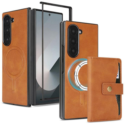 For Samsung Galaxy Z Fold7 Kalebol Magnetic Button Card Bag MagSafe Ring Leather Phone Case(Brown) - Galaxy Z Fold7 5G Cases by Kalebol | Online Shopping UK | buy2fix