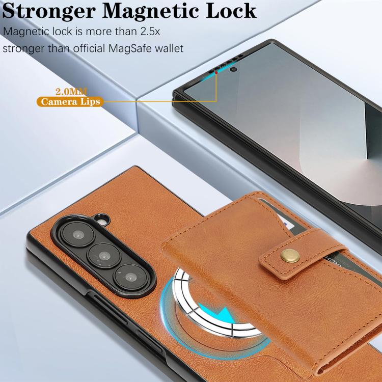 For Samsung Galaxy Z Fold7 Kalebol Magnetic Button Card Bag MagSafe Ring Leather Phone Case(Brown) - Galaxy Z Fold7 5G Cases by Kalebol | Online Shopping UK | buy2fix
