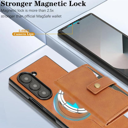 For Samsung Galaxy Z Fold7 Kalebol Magnetic Button Card Bag MagSafe Ring Leather Phone Case(Brown) - Galaxy Z Fold7 5G Cases by Kalebol | Online Shopping UK | buy2fix