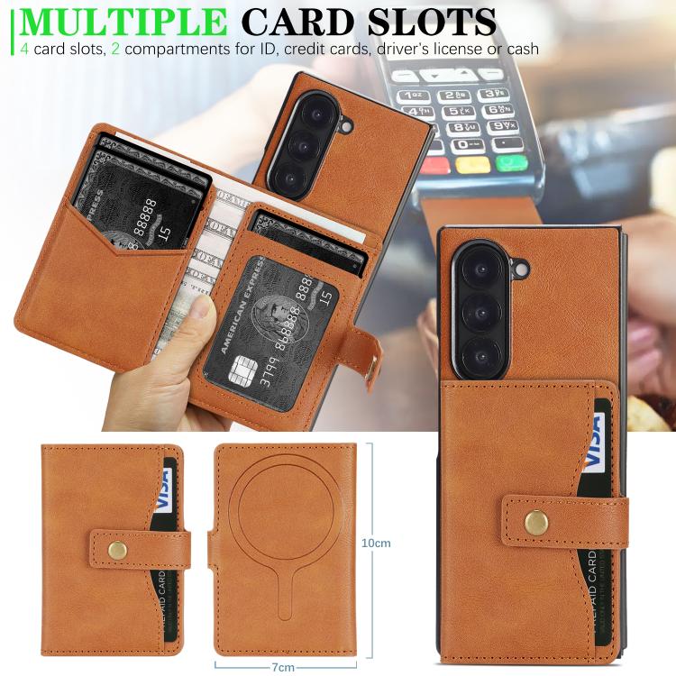 For Samsung Galaxy Z Fold7 Kalebol Magnetic Button Card Bag MagSafe Ring Leather Phone Case(Brown) - Galaxy Z Fold7 5G Cases by Kalebol | Online Shopping UK | buy2fix