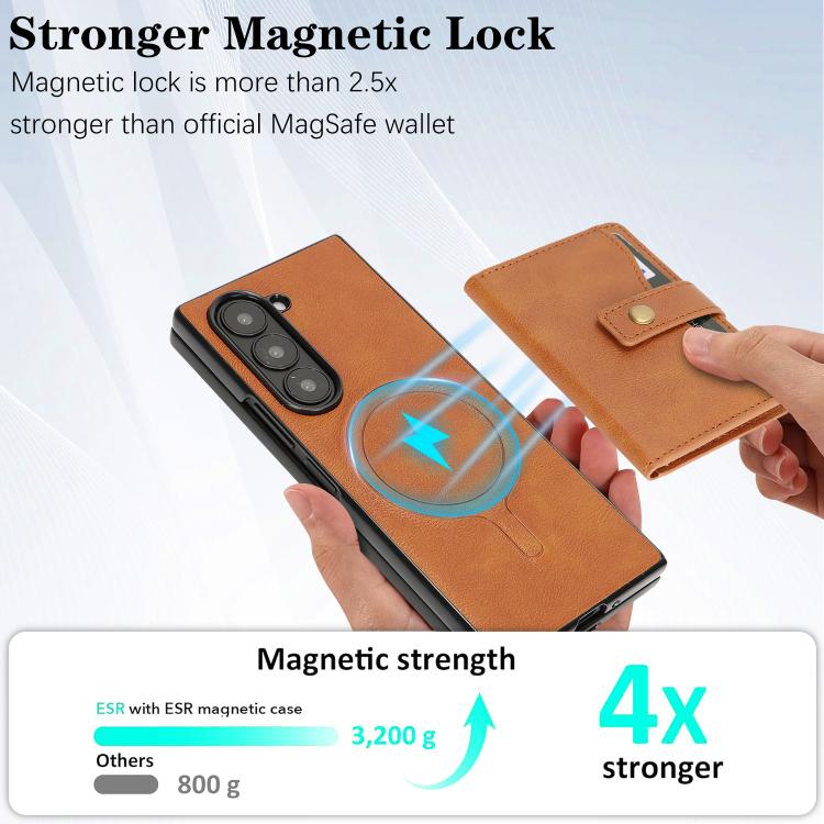For Samsung Galaxy Z Fold7 Kalebol Magnetic Button Card Bag MagSafe Ring Leather Phone Case(Brown) - Galaxy Z Fold7 5G Cases by Kalebol | Online Shopping UK | buy2fix