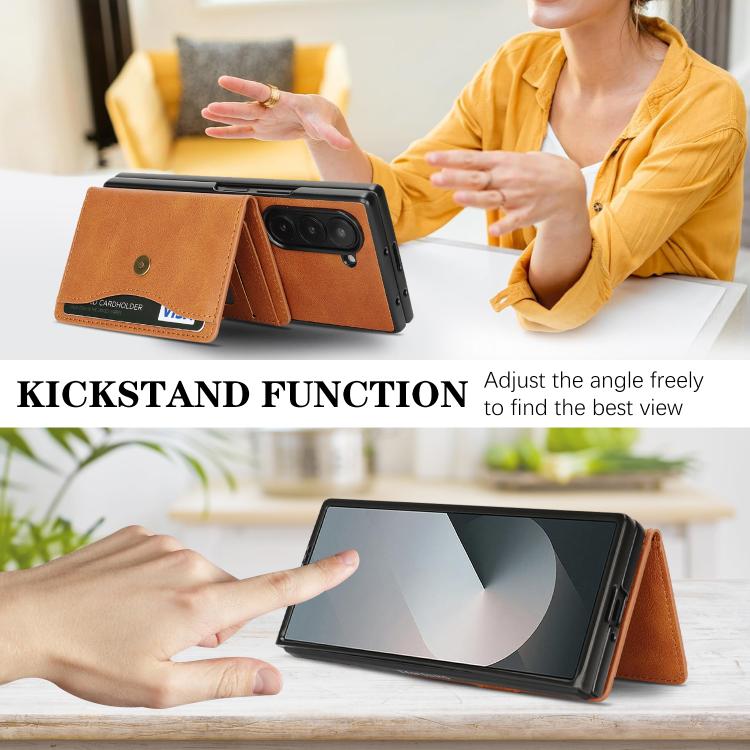 For Samsung Galaxy Z Fold7 Kalebol Magnetic Button Card Bag MagSafe Ring Leather Phone Case(Brown) - Galaxy Z Fold7 5G Cases by Kalebol | Online Shopping UK | buy2fix