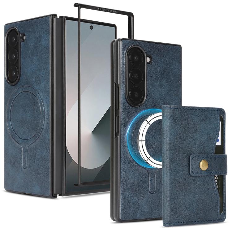 For Samsung Galaxy Z Fold7 Kalebol Magnetic Button Card Bag MagSafe Ring Leather Phone Case(Blue) - Galaxy Z Fold7 5G Cases by Kalebol | Online Shopping UK | buy2fix
