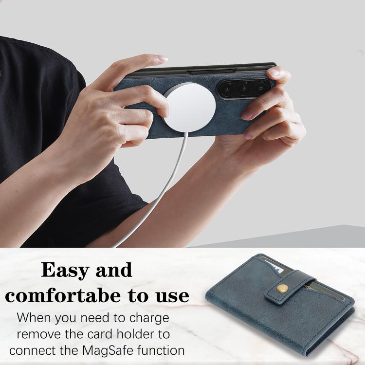 For Samsung Galaxy Z Fold7 Kalebol Magnetic Button Card Bag MagSafe Ring Leather Phone Case(Blue) - Galaxy Z Fold7 5G Cases by Kalebol | Online Shopping UK | buy2fix
