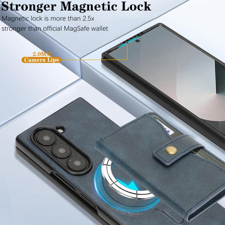 For Samsung Galaxy Z Fold7 Kalebol Magnetic Button Card Bag MagSafe Ring Leather Phone Case(Blue) - Galaxy Z Fold7 5G Cases by Kalebol | Online Shopping UK | buy2fix