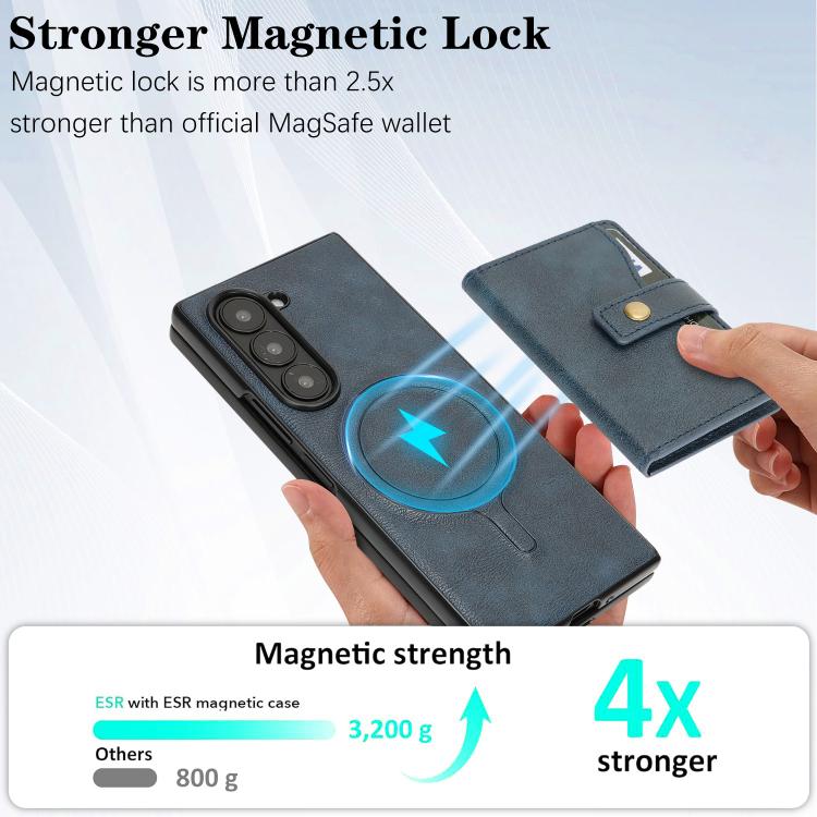 For Samsung Galaxy Z Fold7 Kalebol Magnetic Button Card Bag MagSafe Ring Leather Phone Case(Blue) - Galaxy Z Fold7 5G Cases by Kalebol | Online Shopping UK | buy2fix