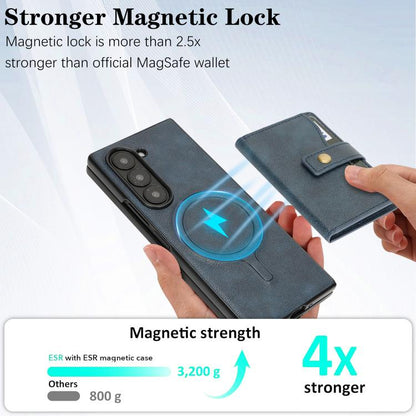 For Samsung Galaxy Z Fold7 Kalebol Magnetic Button Card Bag MagSafe Ring Leather Phone Case(Blue) - Galaxy Z Fold7 5G Cases by Kalebol | Online Shopping UK | buy2fix