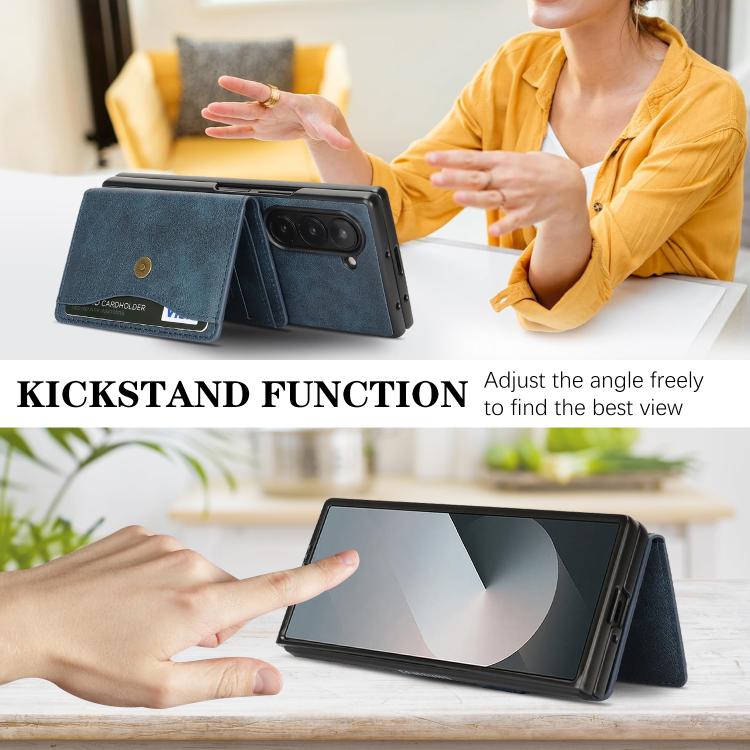 For Samsung Galaxy Z Fold7 Kalebol Magnetic Button Card Bag MagSafe Ring Leather Phone Case(Blue) - Galaxy Z Fold7 5G Cases by Kalebol | Online Shopping UK | buy2fix