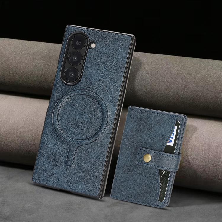 For Samsung Galaxy Z Fold7 Kalebol Magnetic Button Card Bag MagSafe Ring Leather Phone Case(Blue) - Galaxy Z Fold7 5G Cases by Kalebol | Online Shopping UK | buy2fix