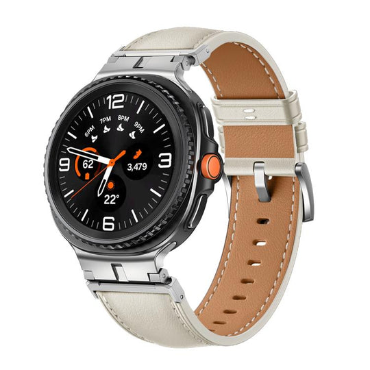 For Galaxy Watch9 / 8 / 8 Classic Metal Head Connector Genuine Leather Watch Band(Beige Silver)