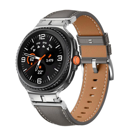 For Galaxy Watch9 / 8 / 8 Classic Metal Head Connector Genuine Leather Watch Band(Gray Silver)