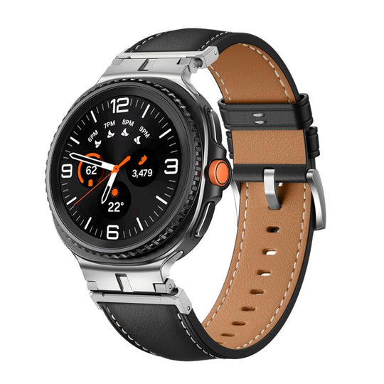 For Galaxy Watch9 / 8 / 8 Classic Metal Head Connector Genuine Leather Watch Band(Black Silver)