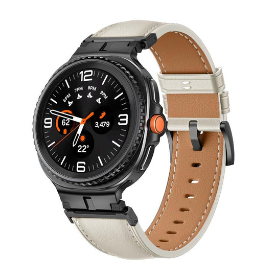 For Galaxy Watch9 / 8 / 8 Classic Metal Head Connector Genuine Leather Watch Band(Beige Black)