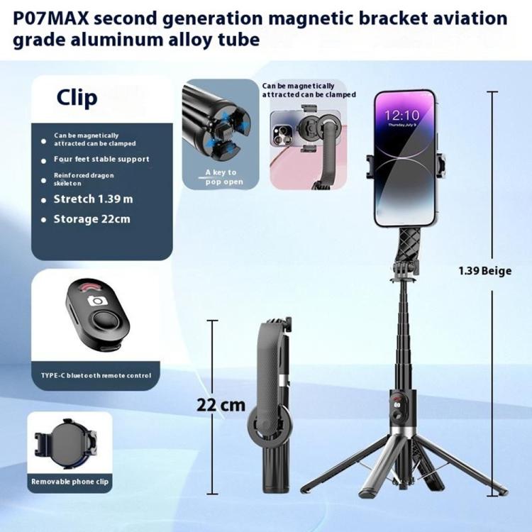 P07 Max Extendable Four-legged Stand Magnetic Phone Selfie Stick with Bluetooth Remote Control(White) - Selfie Sticks by buy2fix | Online Shopping UK | buy2fix