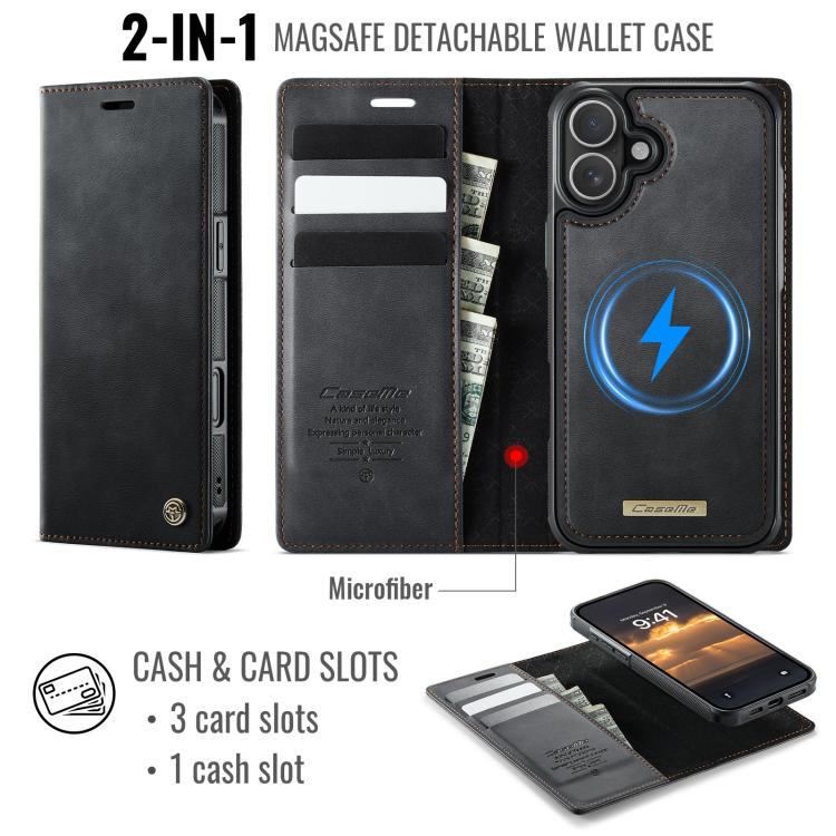 For iPhone 16 Plus CaseMe C49 MagSafe RFID Blocking Detachable Wallet Leather Phone Case(Black) - iPhone 16 Plus Cases by CaseMe | Online Shopping UK | buy2fix