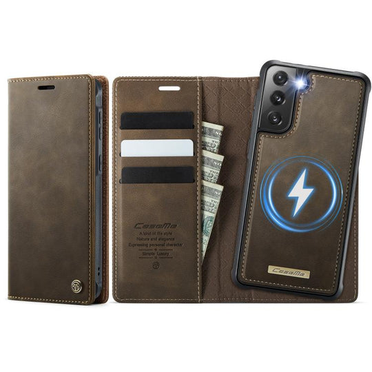 For Samsung Galaxy S21 FE 5G CaseMe C49 Magnetic RFID Blocking Detachable Wallet Leather Phone Case(Coffee)