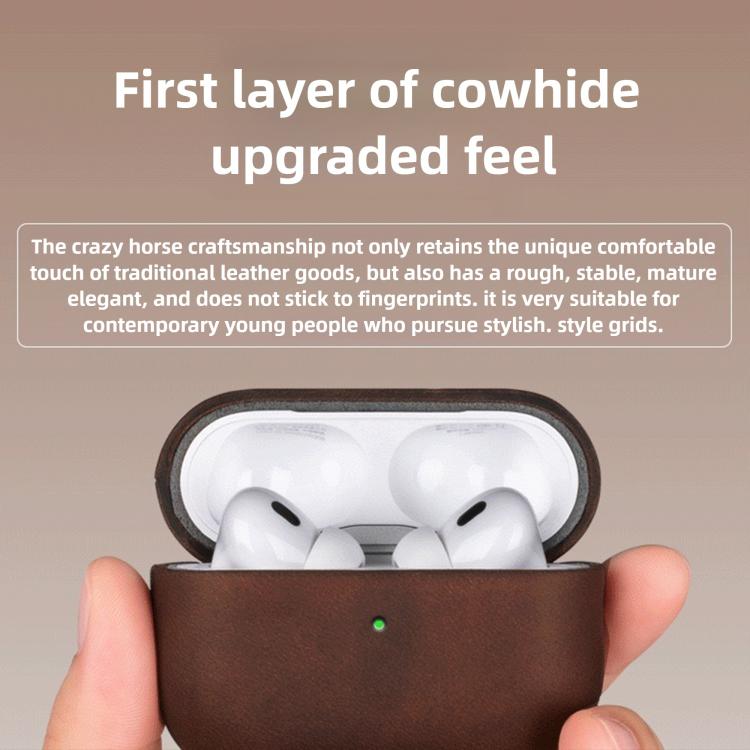For AirPods Pro 2 Crazy Horse Genuine Leather Earbuds Protective Case(Black) - For AirPods Pro 2 by buy2fix | Online Shopping UK | buy2fix
