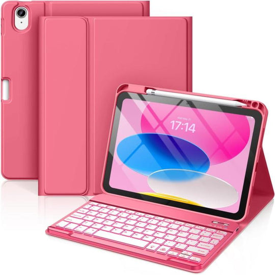 For iPad 2022 Bluetooth Keyboard Silicone Leather Tablet Case with Pen Slot(Begonia Red)