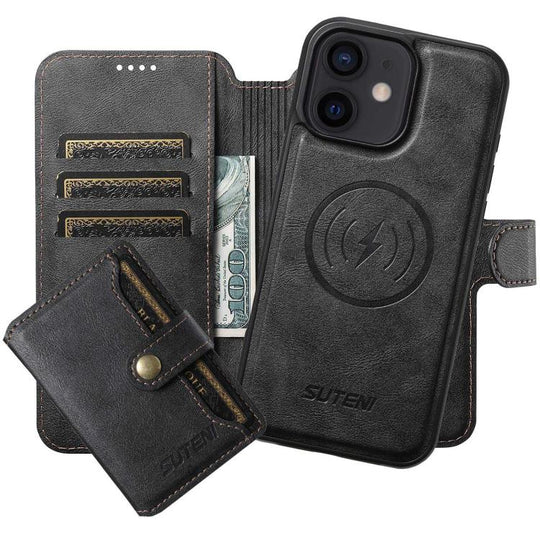 For iPhone 12 Suteni Q05S1 3-in-1 Detachable Wallet MagSafe Leather Phone Case(Black)