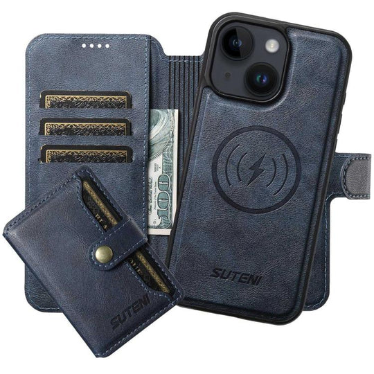 For iPhone 13 Suteni Q05S1 3-in-1 Detachable Wallet MagSafe Leather Phone Case(Blue)