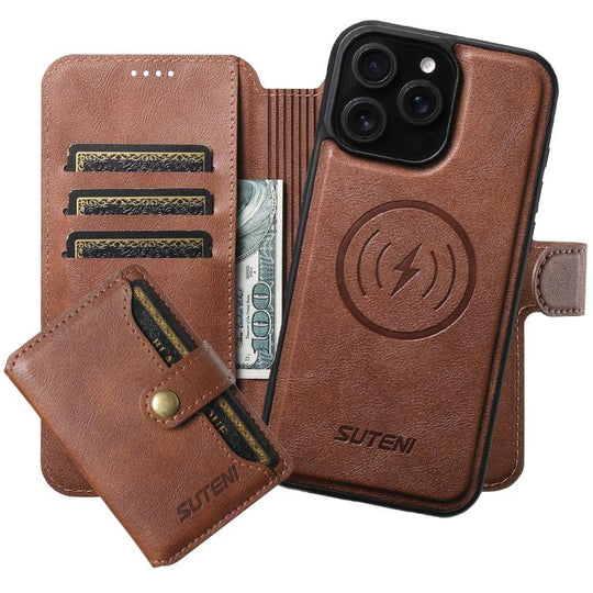 For iPhone 13 Pro Suteni Q05S1 3-in-1 Detachable Wallet MagSafe Leather Phone Case(Brown)