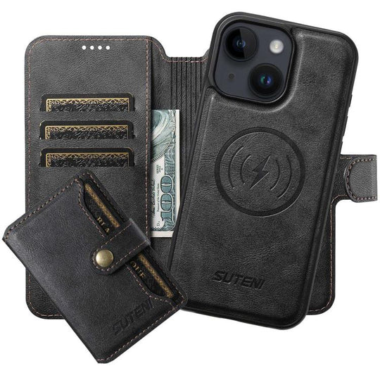 For iPhone 14 Suteni Q05S1 3-in-1 Detachable Wallet MagSafe Leather Phone Case(Black)