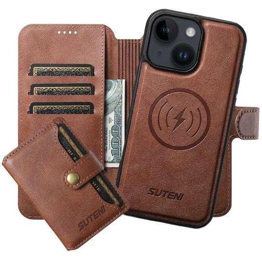 For iPhone 14 Plus Suteni Q05S1 3-in-1 Detachable Wallet MagSafe Leather Phone Case(Brown)