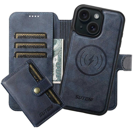 For iPhone 15 Suteni Q05S1 3-in-1 Detachable Wallet MagSafe Leather Phone Case(Blue)