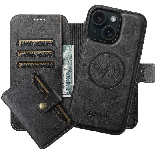For iPhone 15 Plus Suteni Q05S1 3-in-1 Detachable Wallet MagSafe Leather Phone Case(Black)