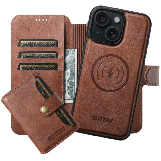For iPhone 15 Plus Suteni Q05S1 3-in-1 Detachable Wallet MagSafe Leather Phone Case(Brown)