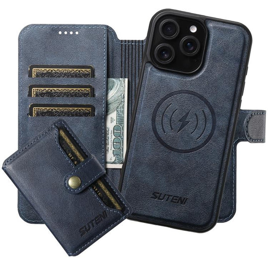 For iPhone 15 Pro Max Suteni Q05S1 3-in-1 Detachable Wallet MagSafe Leather Phone Case(Blue)