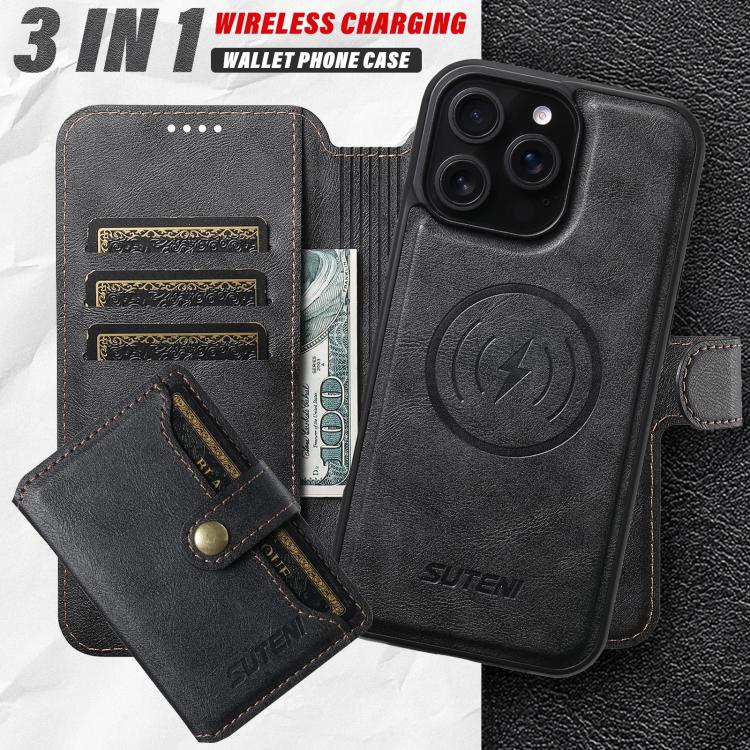 For iPhone 16 Pro Suteni Q05S1 3-in-1 Detachable Wallet MagSafe Leather Phone Case(Black) - iPhone 16 Pro Cases by Suteni | Online Shopping UK | buy2fix
