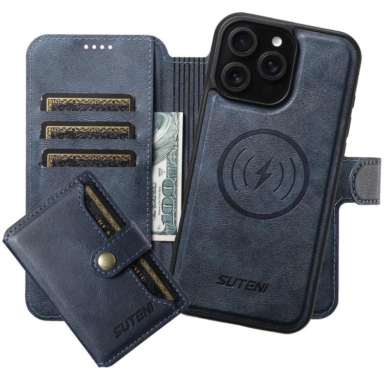 For iPhone 16 Pro Suteni Q05S1 3-in-1 Detachable Wallet MagSafe Leather Phone Case(Blue) - iPhone 16 Pro Cases by Suteni | Online Shopping UK | buy2fix