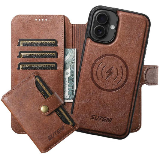 For iPhone 16 Plus Suteni Q05S1 3-in-1 Detachable Wallet MagSafe Leather Phone Case(Brown) - iPhone 16 Plus Cases by Suteni | Online Shopping UK | buy2fix