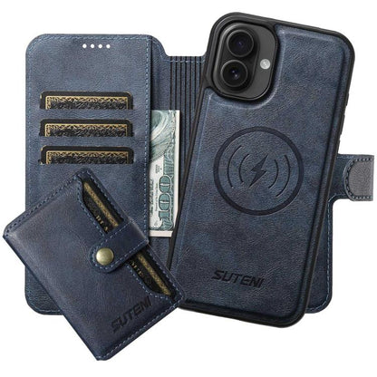 For iPhone 16 Plus Suteni Q05S1 3-in-1 Detachable Wallet MagSafe Leather Phone Case(Blue) - iPhone 16 Plus Cases by Suteni | Online Shopping UK | buy2fix