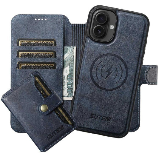 For iPhone 16 Plus Suteni Q05S1 3-in-1 Detachable Wallet MagSafe Leather Phone Case(Blue) - iPhone 16 Plus Cases by Suteni | Online Shopping UK | buy2fix