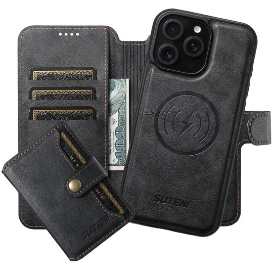 For iPhone 16 Pro Max Suteni Q05S1 3-in-1 Detachable Wallet MagSafe Leather Phone Case(Black)