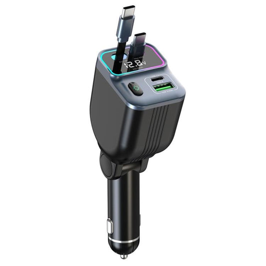 GC15 With Dual Retractable Type-C Cables Real Time Voltage Monitor Fast Charging Car Charger - Car Charger by buy2fix | Online Shopping UK | buy2fix