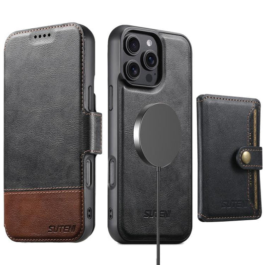For iPhone 16 Pro Suteni Q06S1 3-in-1 Splicing Detachable Wallet MagSafe Leather Phone Case(Black) - iPhone 16 Pro Cases by Suteni | Online Shopping UK | buy2fix