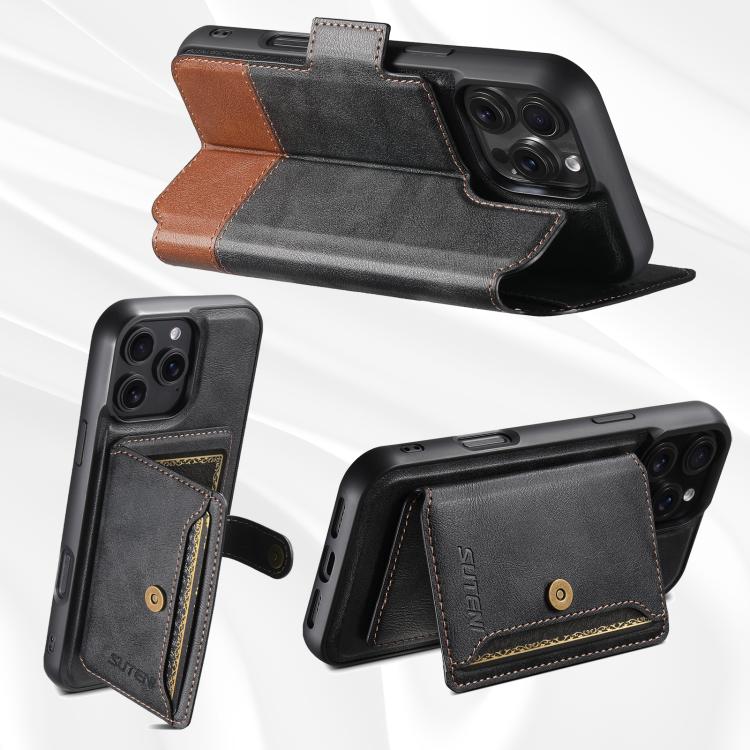 For iPhone 16 Pro Suteni Q06S1 3-in-1 Splicing Detachable Wallet MagSafe Leather Phone Case(Black) - iPhone 16 Pro Cases by Suteni | Online Shopping UK | buy2fix