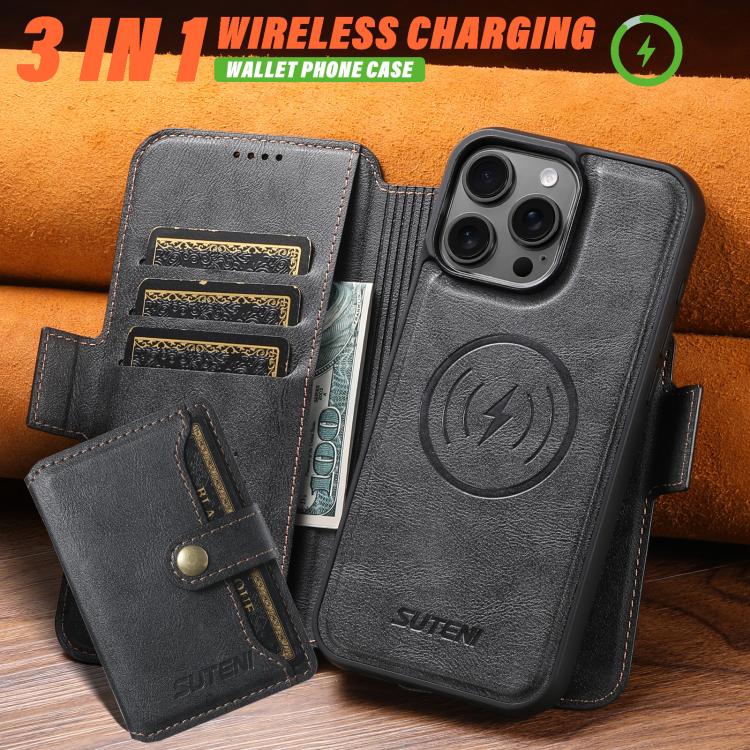 For iPhone 16 Pro Suteni Q06S1 3-in-1 Splicing Detachable Wallet MagSafe Leather Phone Case(Black) - iPhone 16 Pro Cases by Suteni | Online Shopping UK | buy2fix