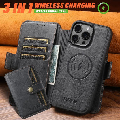 For iPhone 16 Pro Suteni Q06S1 3-in-1 Splicing Detachable Wallet MagSafe Leather Phone Case(Black) - iPhone 16 Pro Cases by Suteni | Online Shopping UK | buy2fix