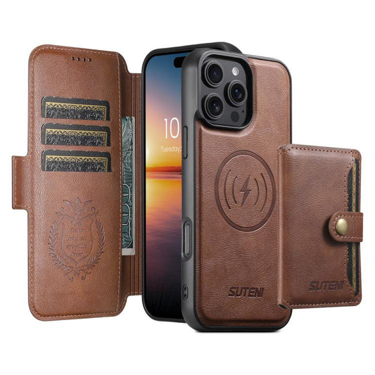 For iPhone 16 Plus Suteni Q06S1 3-in-1 Splicing Detachable Wallet MagSafe Leather Phone Case(Brown) - iPhone 16 Plus Cases by Suteni | Online Shopping UK | buy2fix