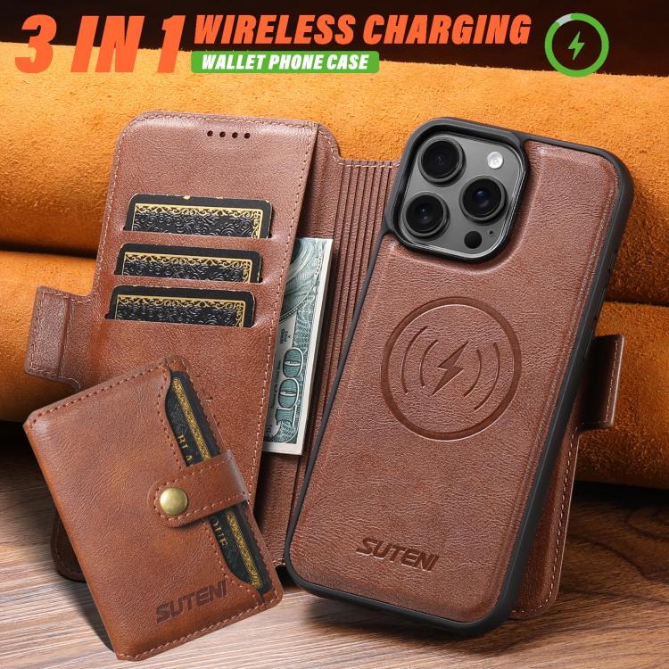For iPhone 16 Plus Suteni Q06S1 3-in-1 Splicing Detachable Wallet MagSafe Leather Phone Case(Brown) - iPhone 16 Plus Cases by Suteni | Online Shopping UK | buy2fix