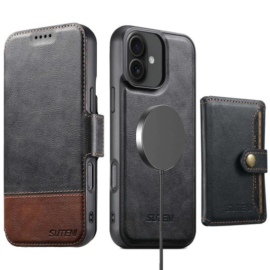 For iPhone 16 Suteni Q06S1 3-in-1 Splicing Detachable Wallet MagSafe Leather Phone Case(Black) - iPhone 16 Cases by Suteni | Online Shopping UK | buy2fix