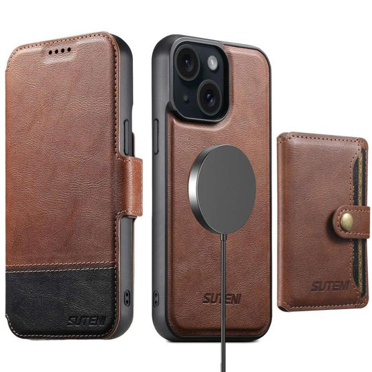 For iPhone 15 Suteni Q06S1 3-in-1 Splicing Detachable Wallet MagSafe Leather Phone Case(Brown)