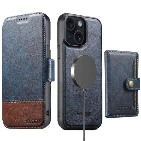 For iPhone 15 Suteni Q06S1 3-in-1 Splicing Detachable Wallet MagSafe Leather Phone Case(Blue)