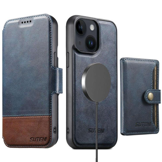For iPhone 13 Suteni Q06S1 3-in-1 Splicing Detachable Wallet MagSafe Leather Phone Case(Blue)