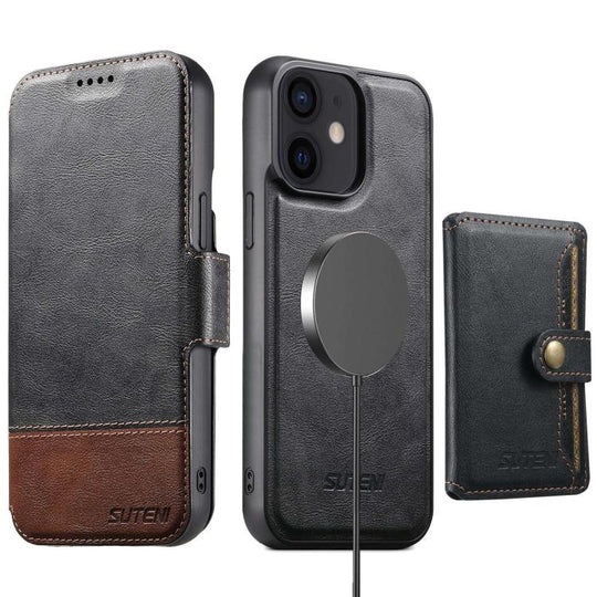 For iPhone 12 Suteni Q06S1 3-in-1 Splicing Detachable Wallet MagSafe Leather Phone Case(Black)