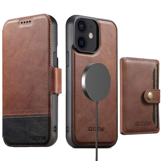 For iPhone 12 Suteni Q06S1 3-in-1 Splicing Detachable Wallet MagSafe Leather Phone Case(Brown)